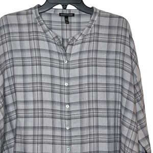Eileen Fisher Grey Plaid Cotton Mandarin Collar Button Front Shirt Medium Medium